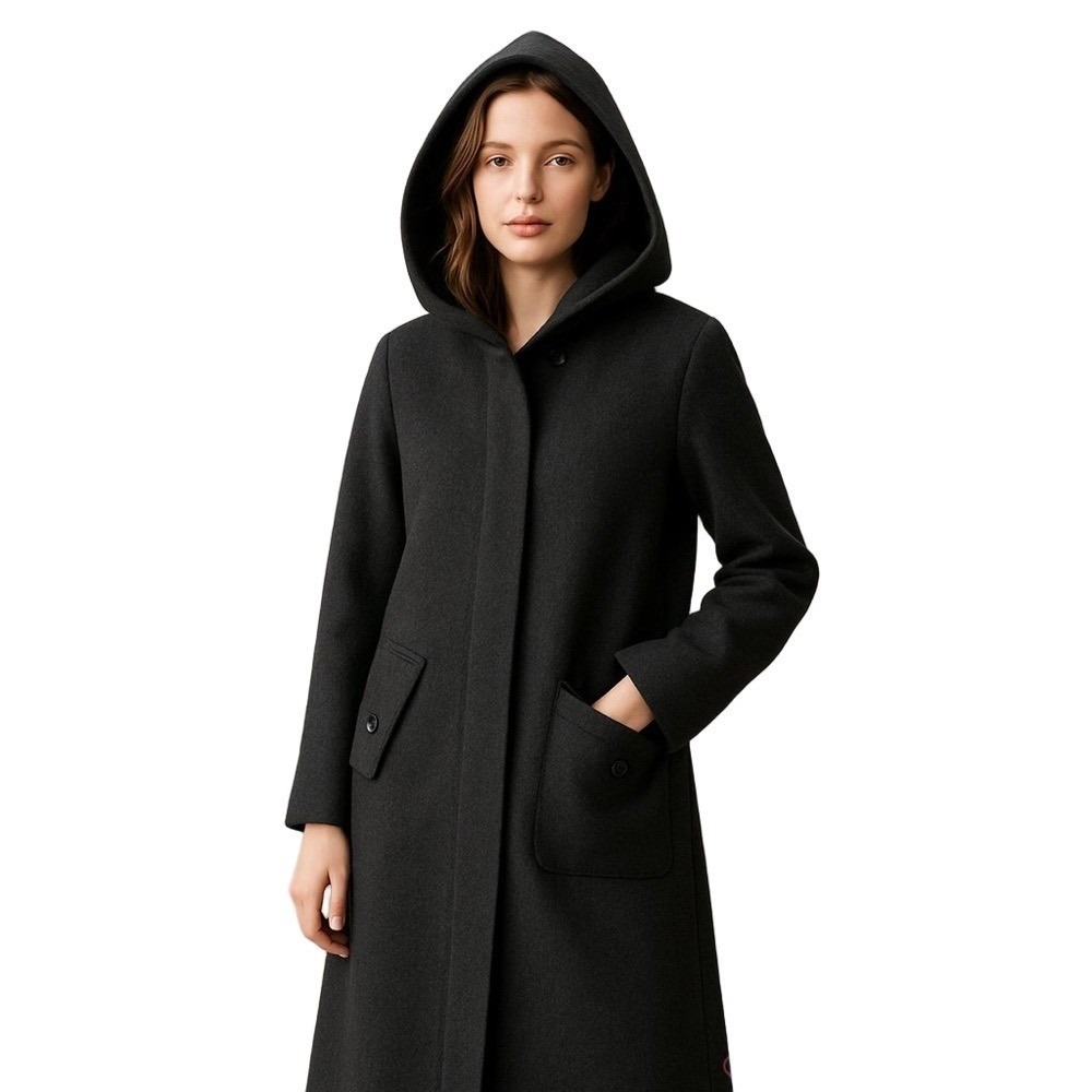ANDREA gray Hooded wool long trench over coat  Velvet black inside hood Vintage‎